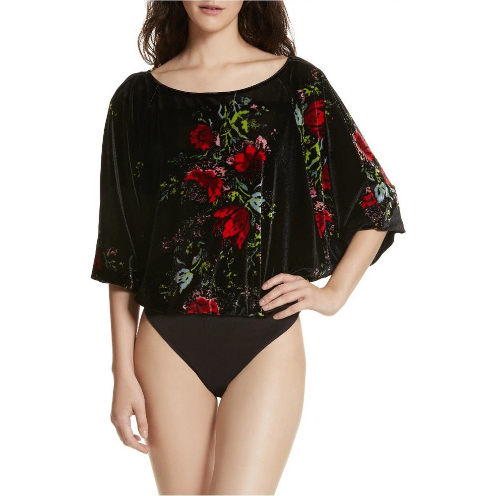 Babe Stretch Velvet Slouchy Floral Bodysuit Top S